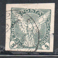 CZECHOSLOVAKIA CESKA CECOSLOVACCHIA 1918 1920 IMPERF. NEWSPAPER STAMPS WINDHOVER 5h USED USATO OBLITERE' - Newspaper Stamps