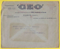 PARIS 13 èm. - 15 C POSTES EMA Havas B 0197 Enveloppe Vide - " G E O "  SAUCISSONS JAMBONS CONSERVES 17 Janv. 1930 - Cartas & Documentos