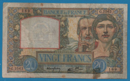 FRANCE 20 FRANCS 19.12.1940 # G.2563 F.12/11, P#92b Travail Et Science - 20 F 1939-1942 ''Science Et Travail''