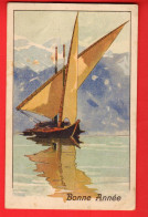 ZXC-05  Litho Barque à Voile Sur Le Lac Léman. Bonne Année. Circulé Morges 1919 - Morges