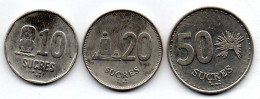 ECUADOR, Set Of Three Coins 10, 20, 50 Sucres, Nickel, Year 1991, KM # 92.2, 94.2, 93 - Ecuador