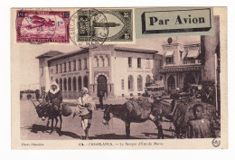 Carte Postale Maroc 1932 Casablanca Banque Morroco Peyriac Minervois Aude Poste Aérienne #32 Surcharge 1F - Posta Aerea