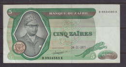 ZAIRE - 1977 5 Zaires Circulated Banknote As Scans - Zaire