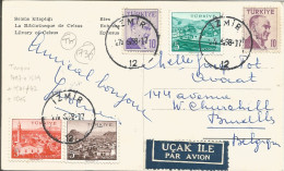 TURKIYE - 5 STAMP FRANKING ON AIR MAILED PC ( IZMIR LIVALRY OF CELSUIS) TO BELGIUM - 1958 - Lettres & Documents