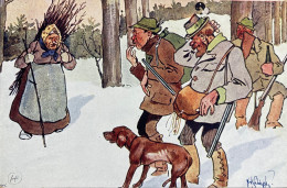 Chasse - Cpa Illustrateur - Groupe De Chasseurs Dans La Neige - Chien - Hunt Hunting - Caza