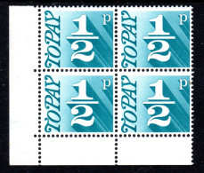 GREAT BRITAIN GB - 1970 POSTAGE DUE ½p STAMP IN CORNER MARGIN BLOCK OF 4 FINE MNH ** SG D77 X 4 - Strafportzegels