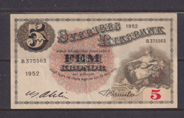 SWEDEN - 1952 5 Kronor XF/EF Banknote As Scans - Suède