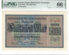 German States- Bayerische Notenbank 5000 Mark 1922 P-S925 Graded 66 EPQ Gem Uncirculated By PMG - 5.000 Mark