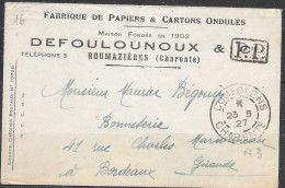 Cachet Manuel A3 Confolens 23 5 27 Plus P.P. Dans Un Rectangle Sur Mignonette à Entête - Lettres & Documents