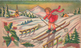ENFANTS - Bonne Année - Petite Fille Faisant Du Ski - Carte Postale Ancienne - Kinder-Zeichnungen