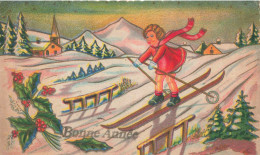 ENFANTS - Bonne Année - Petite Fille Faisant Du Ski - Carte Postale Ancienne - Disegni Infantili