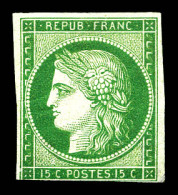 * N°2, 15c Vert, Nuance Soutenue, Filet Inférieur Touché, TB D'aspect. R.R. (signé Calves/certificats)  Qualité: *  Cote - 1849-1850 Ceres