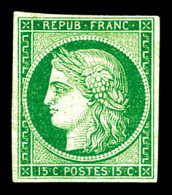 (*) N°2b, 15c Vert-foncé, Quatre Belles Marges Et Jolie Couleur, R.R.R (signé Calves/certificats)  Qualité: (*)  Cote: 1 - 1849-1850 Cérès
