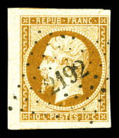 O N°9, 10c Bistre-jaune Obl Pc 2192, Bord De Feuille Latéral, Grandes Marges Avec Voisins. SUPERBE (signé Scheller/certi - 1852 Louis-Napoleon