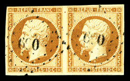 O N°9, 10c Bistre En Paire Horizontale, TB (signé Brun/certificat)  Qualité: Oblitéré  Cote: 1900 Euros - 1852 Louis-Napoléon