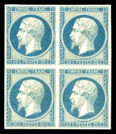 ** N°14Af, 20c Bleu Laiteux Type I, Bloc De Quatre, Fraîcheur Postale. SUP (signé Calves/certificat)  Qualité: ** - 1853-1860 Napoleon III