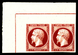 ** N°18c, 1F Carmin-foncé En Paire Coin De Feuille Intégral Avec Double Lignes D'encadrement, Fraîcheur Postale. PIECE E - 1853-1860 Napoléon III