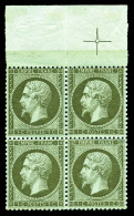 ** N°19, 1c Vert-olive En Bloc De Quatre Haut De Feuille Avec Croix De Repère, Bon Centrage, Fraîcheur Postale. SUP. R.  - 1862 Napoléon III.