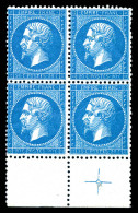 * N°22, 20c Bleu En Bloc De Quatre Bdf Avec Croix De Repère, Adhérences. Frais. TB (certificat)  Qualité: *  Cote: 1750  - 1862 Napoleon III