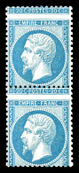 ** N°22, 20c Bleu, Piquage à Cheval En Paire Verticale. SUP. R. (signé Calves/certificat)  Qualité: ** - 1862 Napoleon III