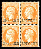 ** N°23d, 40c Orange Surchargé 'SPECIMEN' En Bloc De Quatre (2ex*), Fraîcheur Postale. R.R. SUP (certificat)  Qualité: * - 1862 Napoleon III