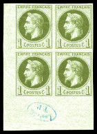 ** N°25c, Rothschild, 1c Olive Impression Fine Non Dentelé, Bloc De Quatre Coin De Feuille Avec Cachet De Contrôle 'TP'  - 1863-1870 Napoléon III. Laure
