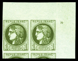 (*) N°39B, 1c Olive Report 2 En Paire Avec Voisins Coin De Feuille Avec Petit Chiffre 14 Imprimé En Marge. SUPERBE. R.R. - 1870 Ausgabe Bordeaux