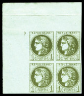 ** N°39C, 1c Olive Report 3 En Bloc De Quatre Coin De Feuille Intégral (2ex*), Avec Petit Chiffre '9' En Marge. SUPERBE. - 1870 Bordeaux Printing