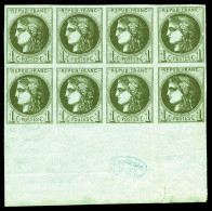 ** N°39C, 1c Olive, Bloc De 8 Exemplaires Bas De Feuille Intégral Avec Cachet De Contrôle TP En Bleu (2ex*), Fraîcheur P - 1870 Ausgabe Bordeaux