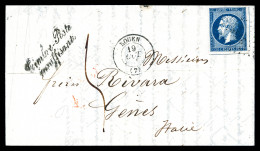 O N°14, 1856. 20c Empire Sur Lettre De Rouen Pour L'Italie (Gênes) Avec Griffe Non Encadrée Peu Courante En Noir 'TIMBRE - 1849-1876: Klassik