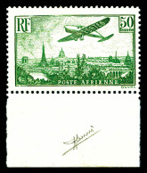 ** N°14a, Avion Survolant Paris, 50F Vert, Bord De Feuille Inférieur, SUP (certificat)  Qualité: **  Cote: 2100 Euros - 1927-1959 Postfris