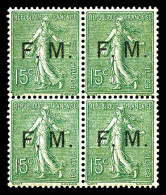 ** N°3, 15c Semeuse Surchargé En Bloc De Quatre, Très Bon Centrage. SUP (certificat)  Qualité: **  Cote: 1260 Euros - Military Postage Stamps