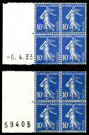 ** N°279, 10c Semeuse Type IV, 2 Blocs De Quatre Bord De Feuille Latéral Gauche: Daté Du 5.4.33 Et Numéroté 59405. TTB ( - 1930-1939