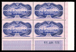** N°15, 50F Burelé En Bloc De Quatre Coin De Feuille Daté Du 15 Juin 1936, SUPERBE (signé Calves/Brun/certificat)  Qual - Airmail