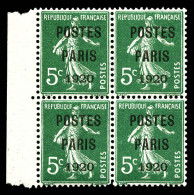 ** N°24, 5c Vert Surchargé 'POSTE PARIS 1920' En Bloc De Quatre Bdf , Bon Centrage. SUP (signé Brun/certificat)  Qualité - 1893-1947