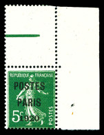 ** N°24, 5c Vert Surchargé 'POSTE PARIS 1920', Coin De Feuille Intégral, SUP (certificat)  Qualité: **  Cote: 850 Euros - 1893-1947