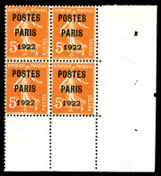 ** N°30, Semeuse 5c Orange Surchargé 'POSTE PARIS 1922', Bloc De Quatre Coin De Feuille, Fraîcheur Postale. SUP. R. (cer - 1893-1947