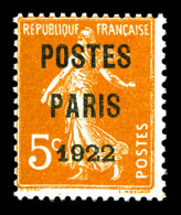 ** N°30, Semeuse 5c Orange Surchargé 'POSTE PARIS 1922', TTB (certificat)  Qualité: **  Cote: 350 Euros - 1893-1947