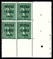 ** N°37, 15c Olive Surchargé 'POSTE FRANCE 1922' En Bloc De Quatre Coin De Feuille, Fraîcheur Postale. SUPERBE. R.R. (Ce - 1893-1947