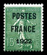 ** N°37, 15c Olive Surchargé 'POSTE FRANCE 1922', Fraîcheur Postale. SUPERBE. R.R. (Certificat)  Qualité: **  Cote: 2400 - 1893-1947