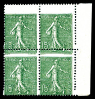 ** N°130, 15c Semeuse: Piquage à Cheval Sur Bloc De Quatre Bdf. TTB (certificat)  Qualité: ** - Unused Stamps