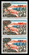 ** N°317, 10f Sur 20f Ajaccio, Essais De Surcharge En Trois Couleurs Différentes Sur Bande De Trois, SUP. R.R. (certific - Unused Stamps