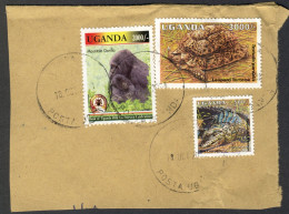 Uganda 1995 + 2006, 3 Stamps On A Piece Of Paper, Wild Animals: Gorilla, Turtle, Crocodile (o), Used - Kenya, Uganda & Tanganyika