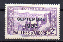 Sello De Andorra Con Sobrecarga Sin Elections Solo Setembre 1933  2c Violeta Con Marquilla - Neufs