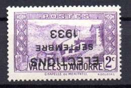 Sello De Andorra Con Sobrecarga Invertida Elections  Setembre 1933 2c Violeta  Con Marquilla - Neufs