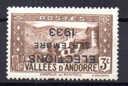 Sello De Andorra Con Sobrecarga Invertida Elections  Setembre 1933 3c Marron  Con Marquilla - Neufs