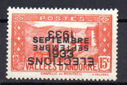 Sello De Andorra Con Doble Sobrecarga Una Invertida Elections  Setembre 1933 15c Con Marquilla - Neufs