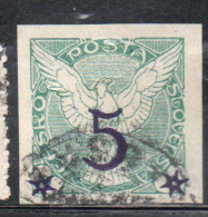 CZECH REPUBLIC CECA CZECHOSLOVAKIA CESKA CECOSLOVACCHIA 1925 NEWSPAPER STAMPS WINDHOVER SURCHARGED 5h On 2h USED - Timbres Pour Journaux