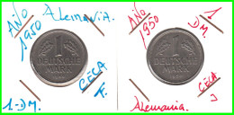 ALEMANIA - DEUTSCHLAND - GERMANY - 2 -MONEDAS DE 1.00 DM ESPIGAS Y AGUILA DEL AÑO 1950 CON LAS CECAS - F.- J - 1 Mark