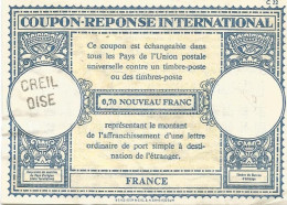 COUPON REPONSE INTERNATIONAL FRANCE 0.70 NOUVEAU FRANC GRIFFE CREIL OISE - Buoni Risposte